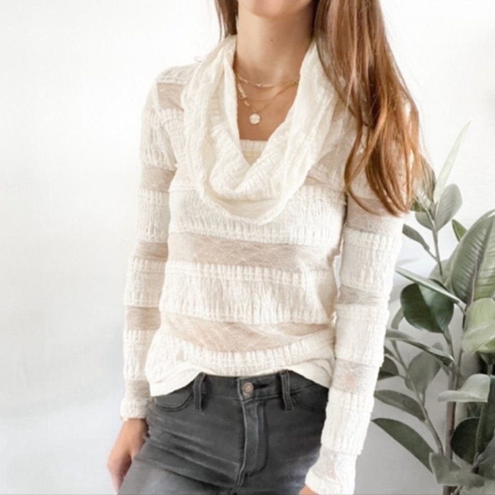 Anthropologie TINY Womens Pieced Cream Lace Cowl Neck Top Size Large Boho Sheer
